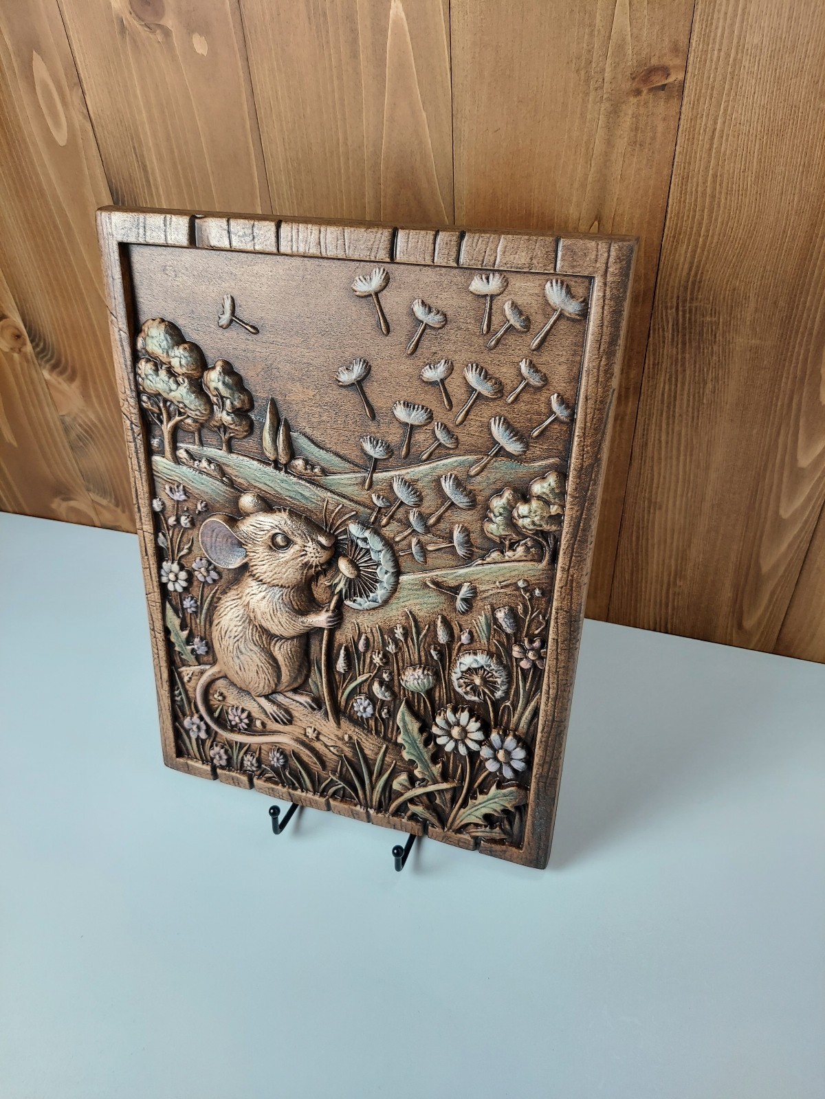 Mouse Dandelion Wood Wall Art, 3D Relief Carving, Handmade Maple Decor
