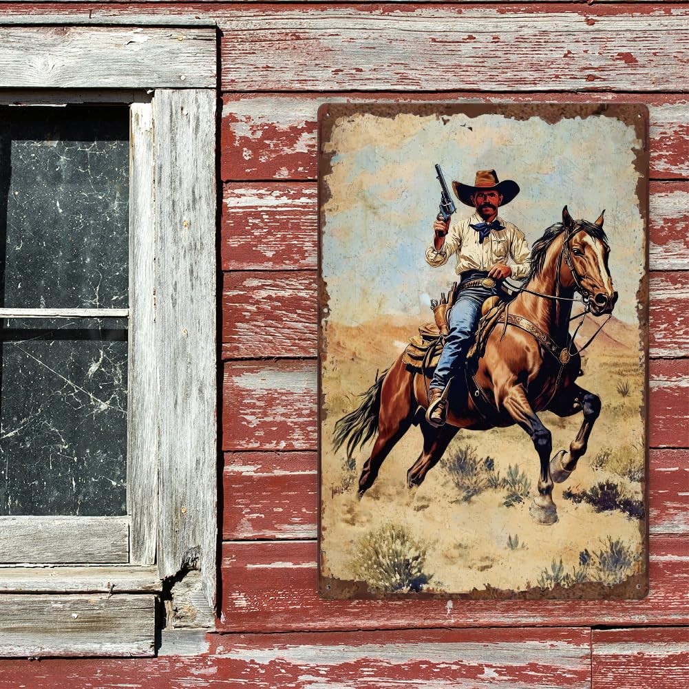 DOODLREAM Western Cowboy Wall Decor Vintage Metal Tin 12″L x 8″W,