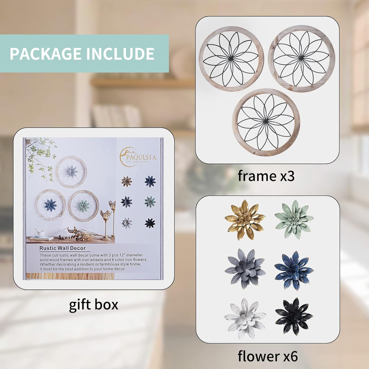 Paquesta 3 Piece round Farmhouse Wall Decor with 6 Piece Interchangeable Flowers