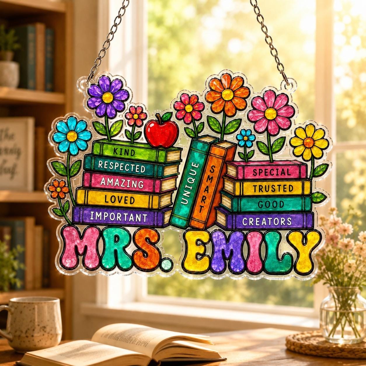Custom Teacher Acrylic Suncatcher Personalized Name Book Stack Window Hanging