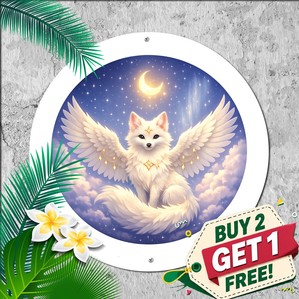 White Cat Golden Wings Angel Feline Fantasy Art Round Metal Sign Pet Plaque Art