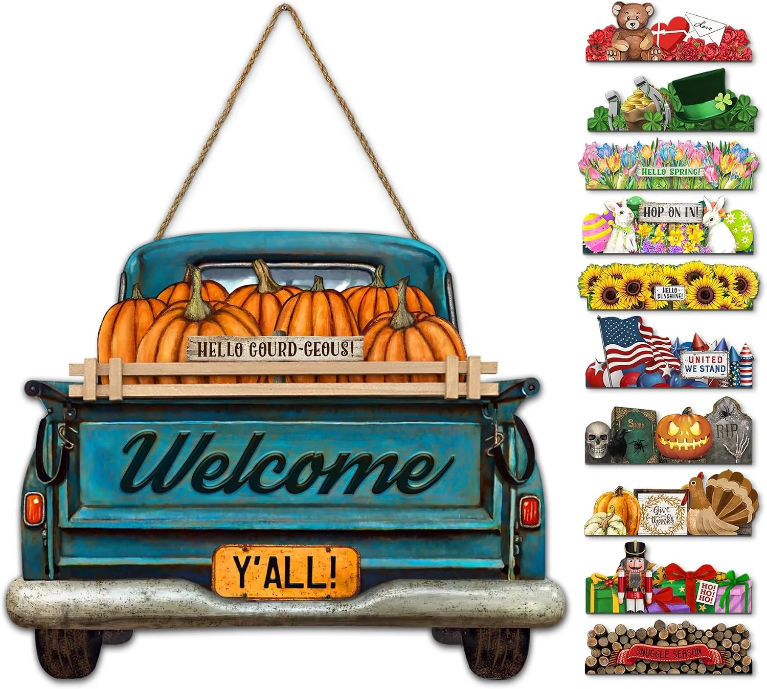 Interchangeable Welcome Sign for Front Door Blue Farmhouse Truck Decor Hanging S