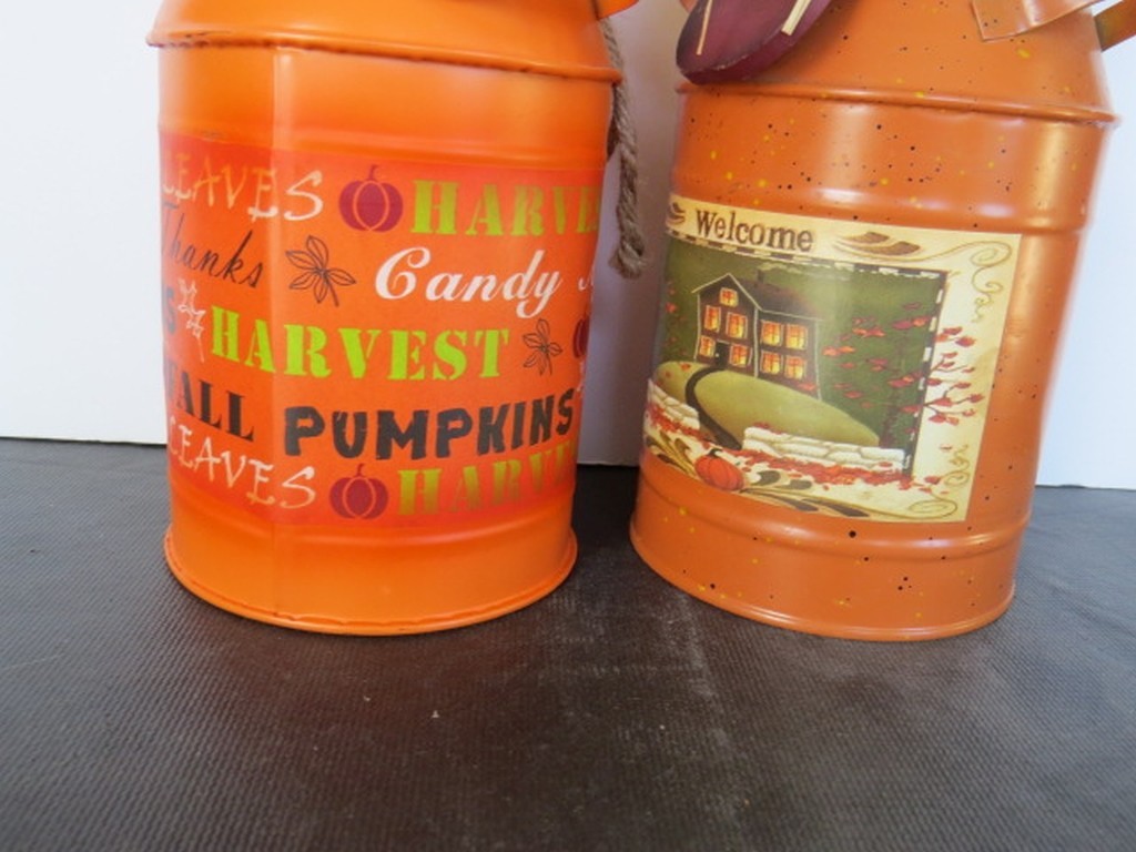 Tin Metal Milk Cans: Fall Autum Harvest Pumpkin Thanksgiving Decor 7-1/2″ /19cm