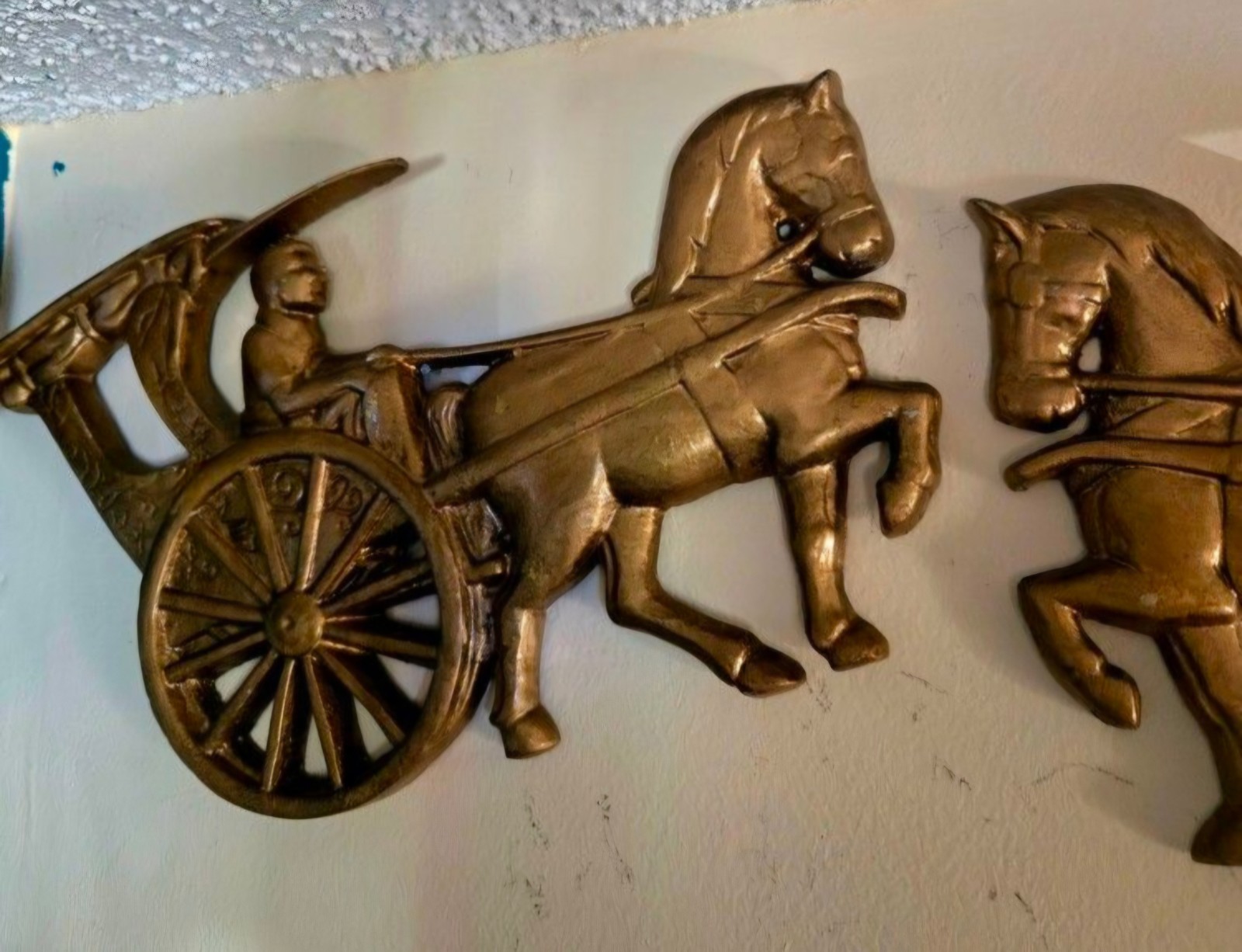 Vintage Brass Gold Wall Plaque, Horse and Carriage, Horizontal Wall Mount 14″10″