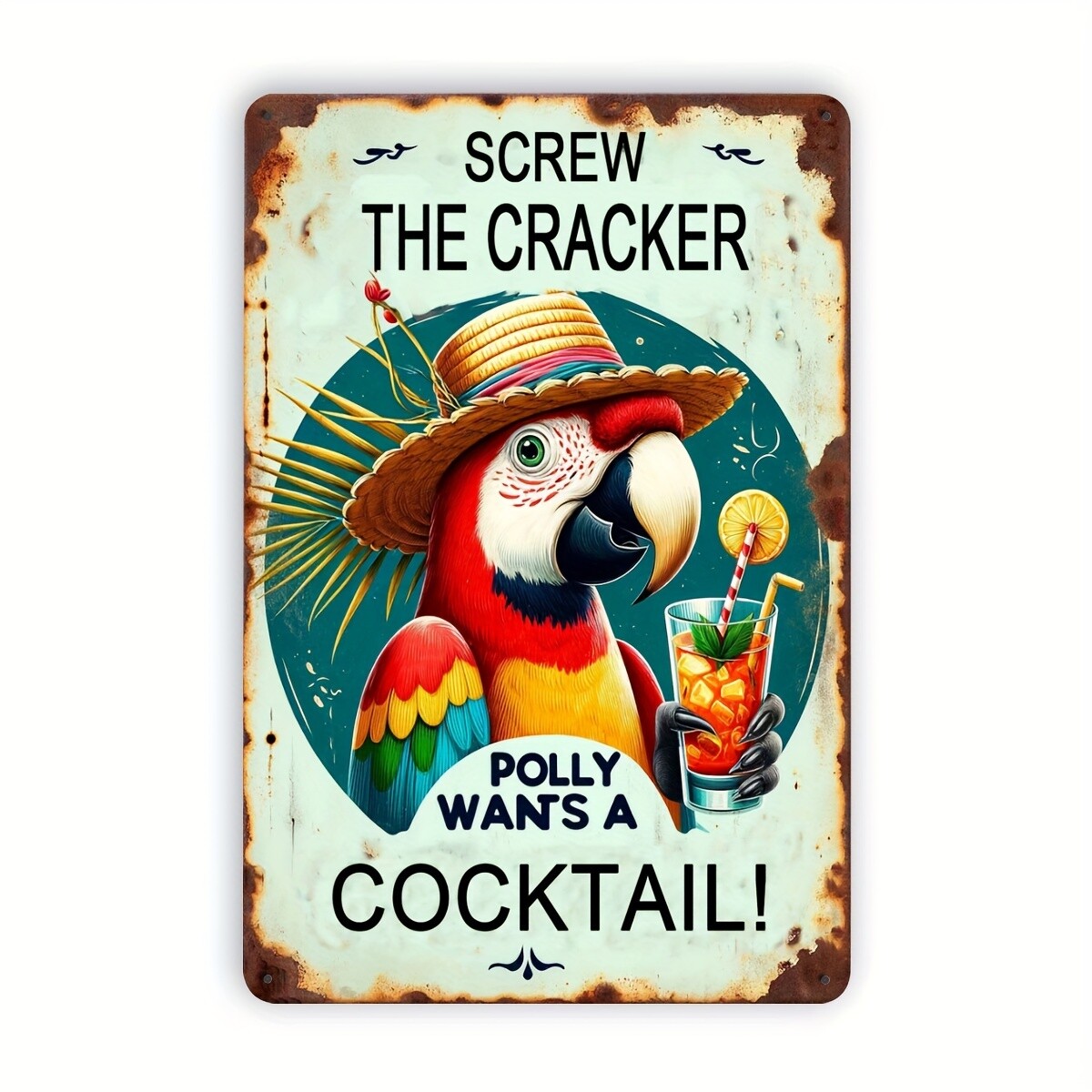 2D Flat – 1pc Vintage Parrot Cocktail Metal Tin Sign For Outdoor Decro, Retro Hu