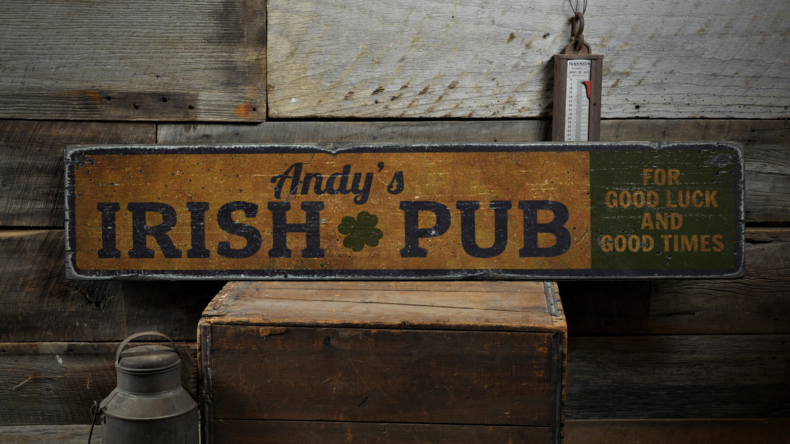 Irish Pub Shamrock, Good Luck & Good – Rustic Distressed Wood Sign