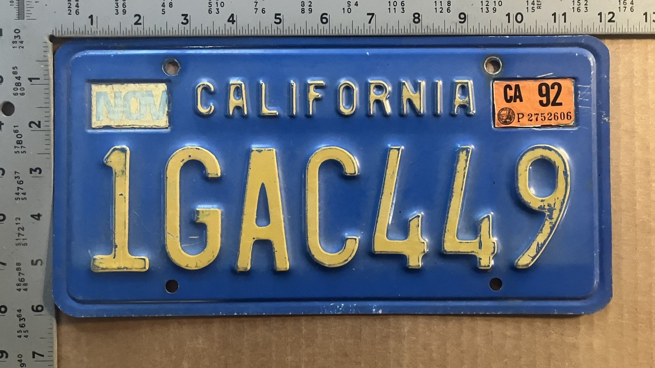 1992 California license plate 1GAC449 Ford Chevy Dodge 20866