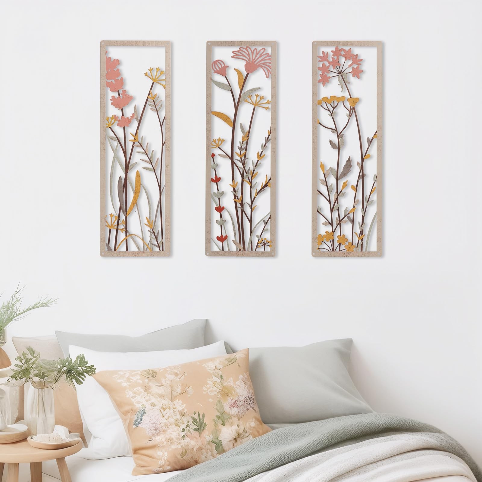 3 Piece Metal Flower Wall Art, 15.7×5.2 Inch Pink Wrought Iron Floral Sculptu…