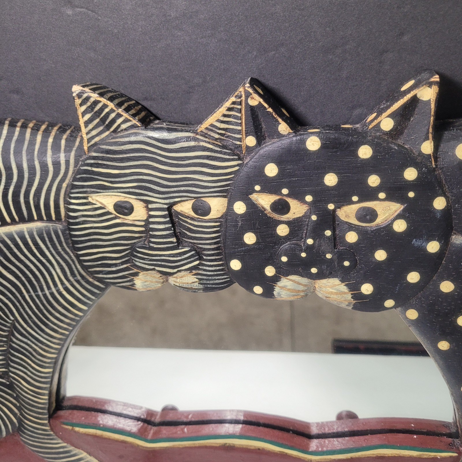 Vintage Folk Art Cats Black Gold White Dot Stripe Mirror and Wall Rack 17″ x 10″