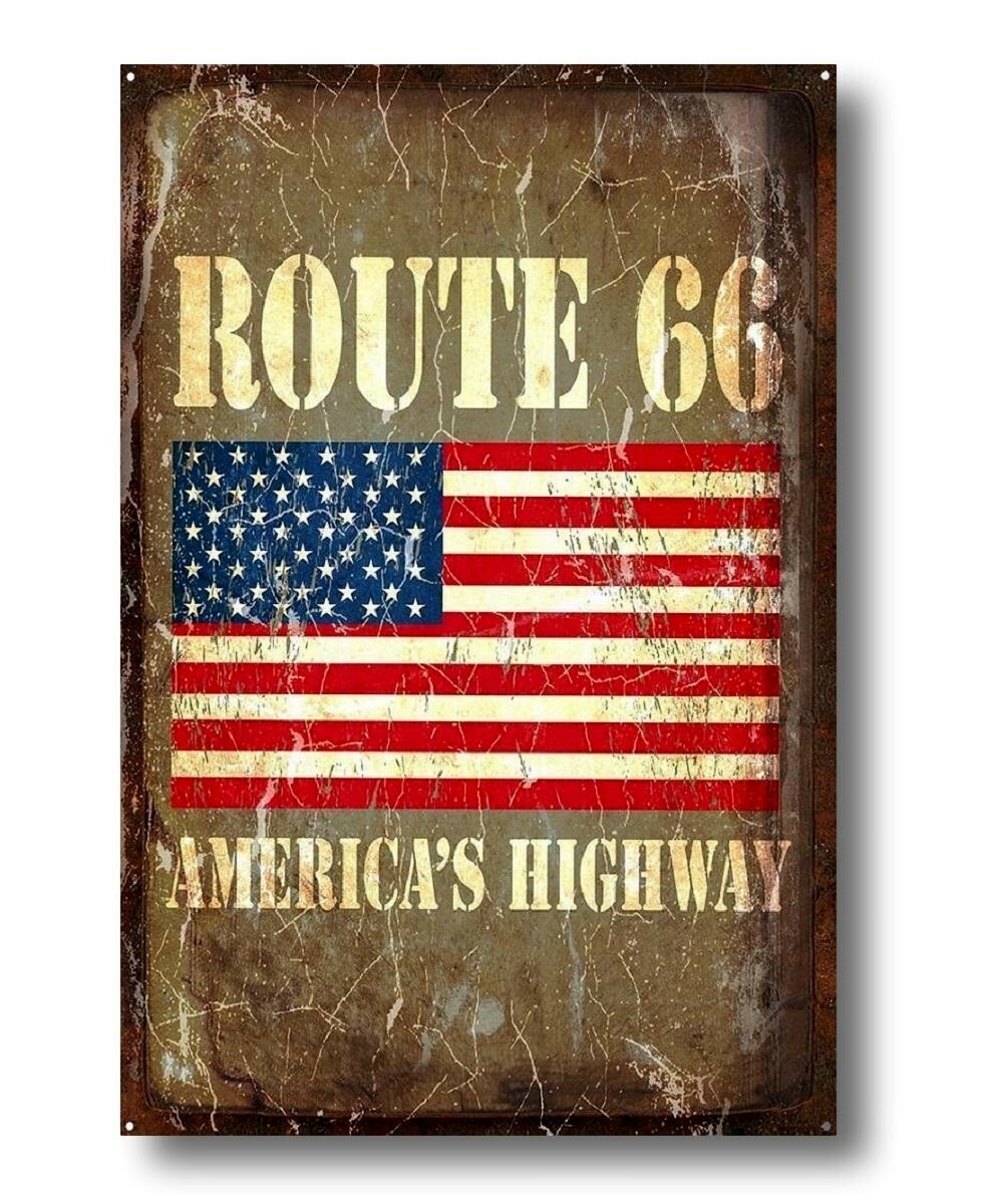 Distressed American Flag Route 66 Highway Metal Wall Sign Bar Decor 16″L x 12″W