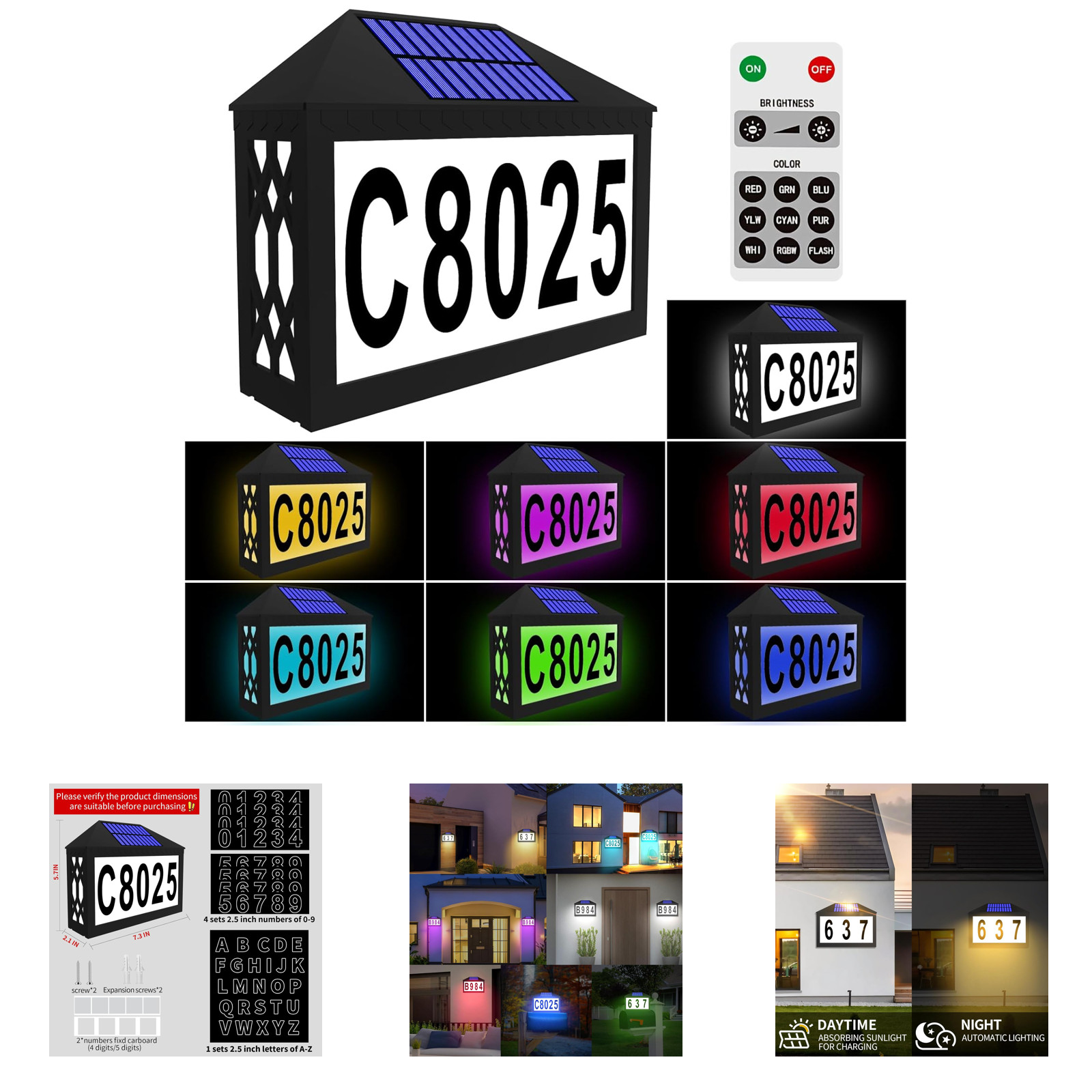 Solar House Numbers Lighted RGBW Solar Address Sign with Remote Waterproof for