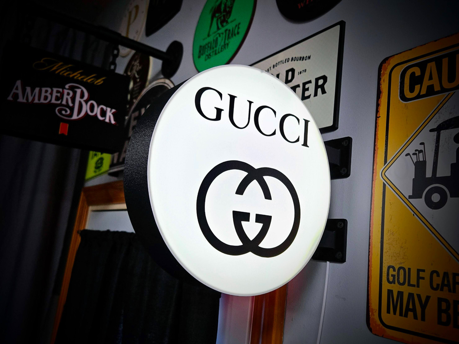 Gucci LED Lightbox Sign 3D Printed Round Wall Mount Man Cave Garage Decor