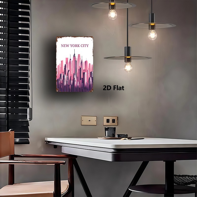 2D Flat, 1pc, Metal Sign, New York City Skyline Pink, Vintage Wall Art for Home