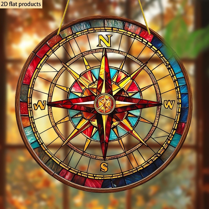 8*8in Compass Stained Glass Style Sun Catcher Home Decor