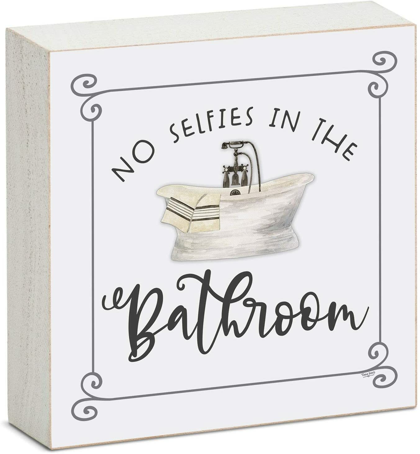 Counterart Wood Block Décor Message No Selfies Sign, 3.75 inches Square, Made in