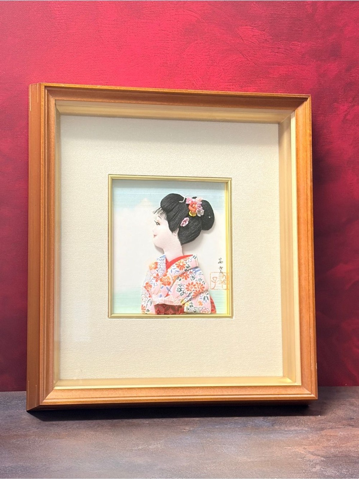 Vintage 1990 Japanese Oshie Geisha Fabric Art Shadow Box Framed Kimono Portrait