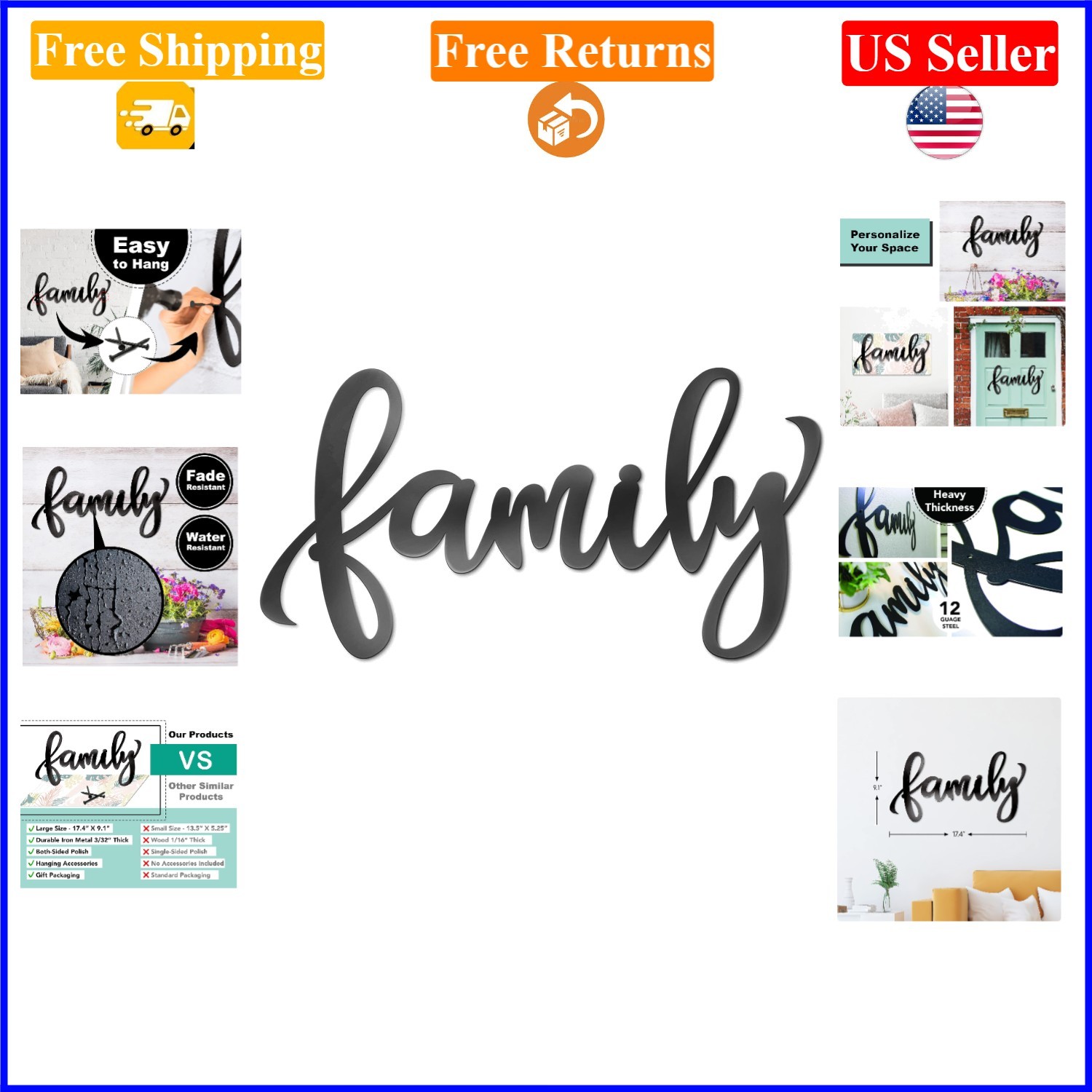 Metal Family Sign Wall Art, 17.4×9.1 in Black Rustic Iron Decor