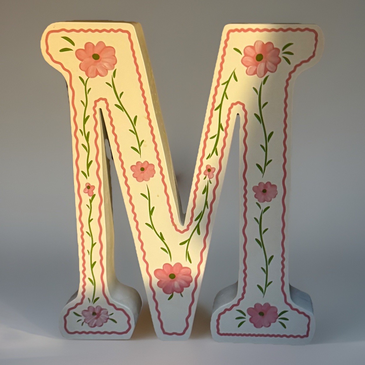 Large Monogram Letter Initial M Pressed Wood White with Pink Painted Flowers 13”