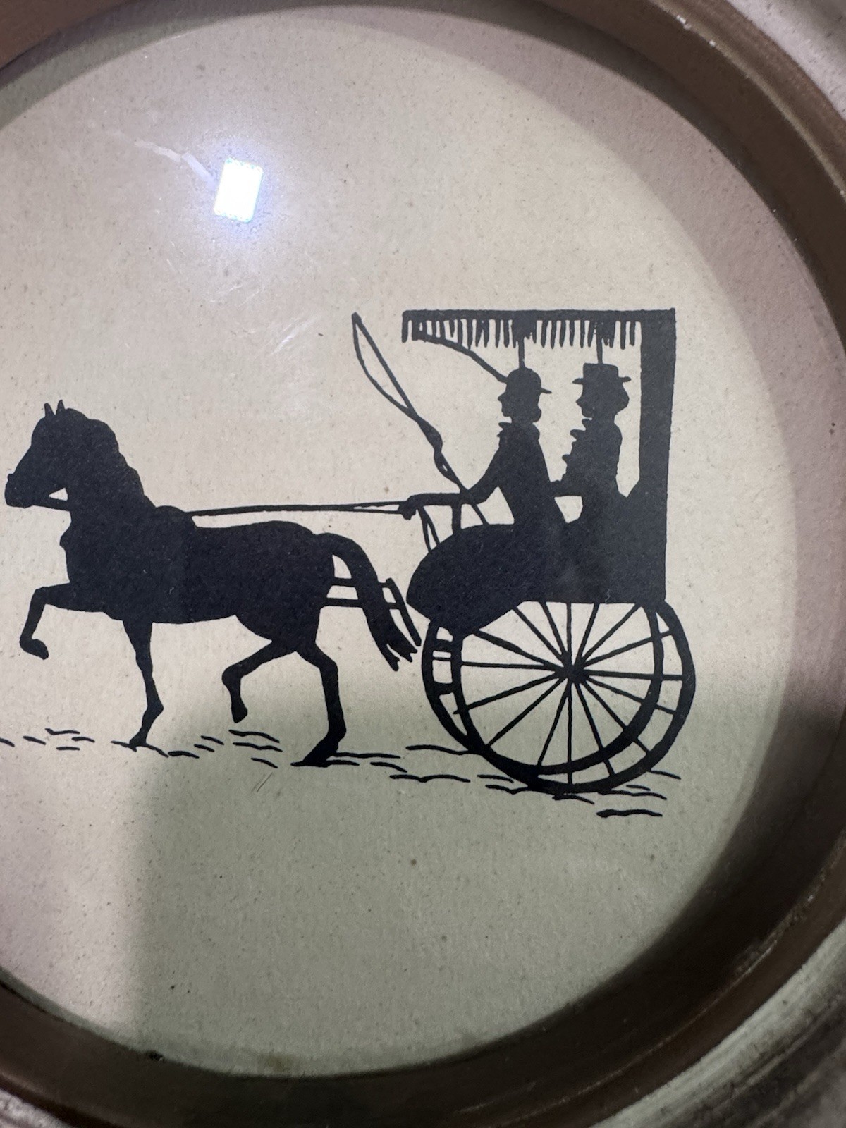VTG Victorian Silhouette Wall Pictures Set 2 Colonial Horse Carriage Round Frame