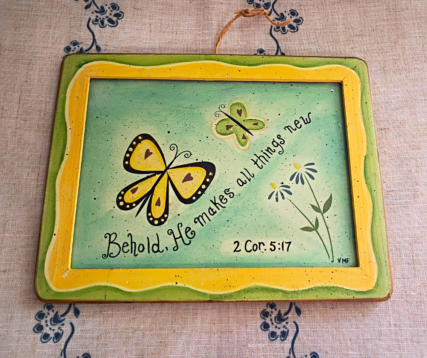 Painted Wood Rectangle Hanging Wall Plaque Butterfly “Behold, He makes all”