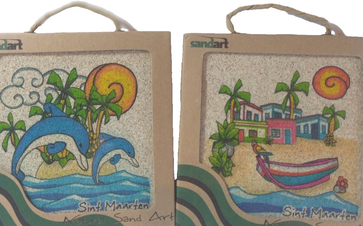 Nautical Beach Sand Art Pictures Dolphins Parakeet Ocean Beach Scenes Lot Of 2