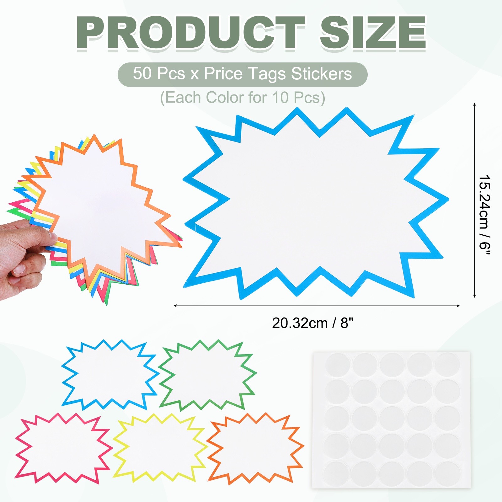 50pcs Sale Tags, 8″ Sale Stickers Price Tag Star Signs Burst, 5 Color