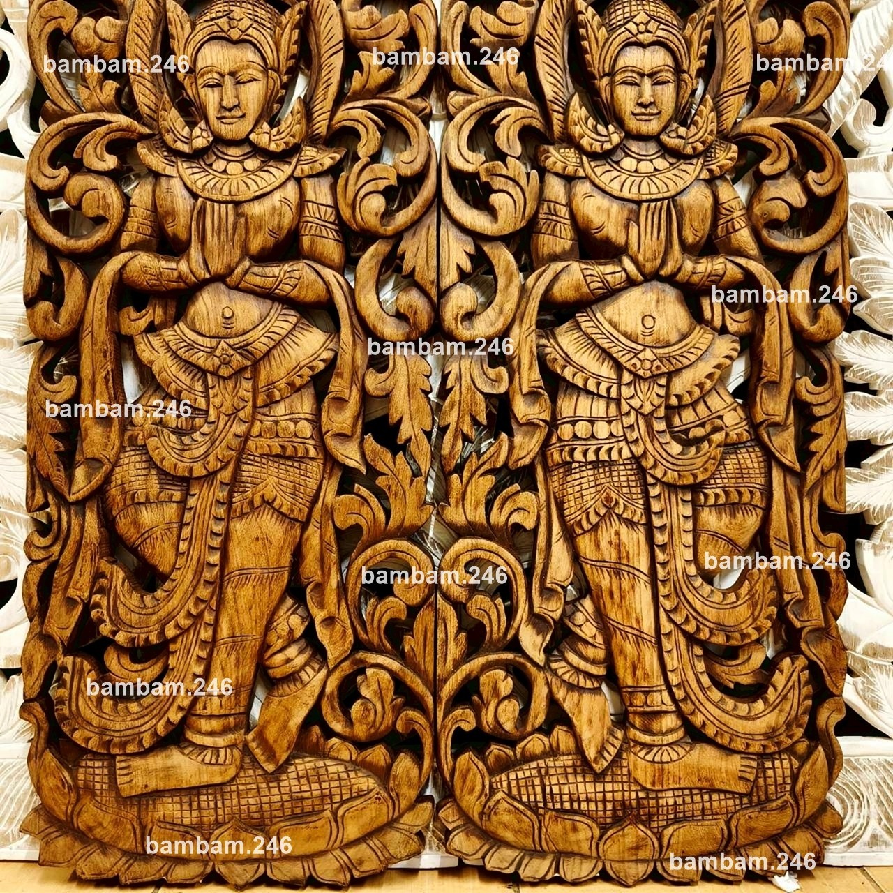 Set of 2 Thai Teak Wood Carved Wall Art Panel Thepphanom Angel Home Decor Spirit