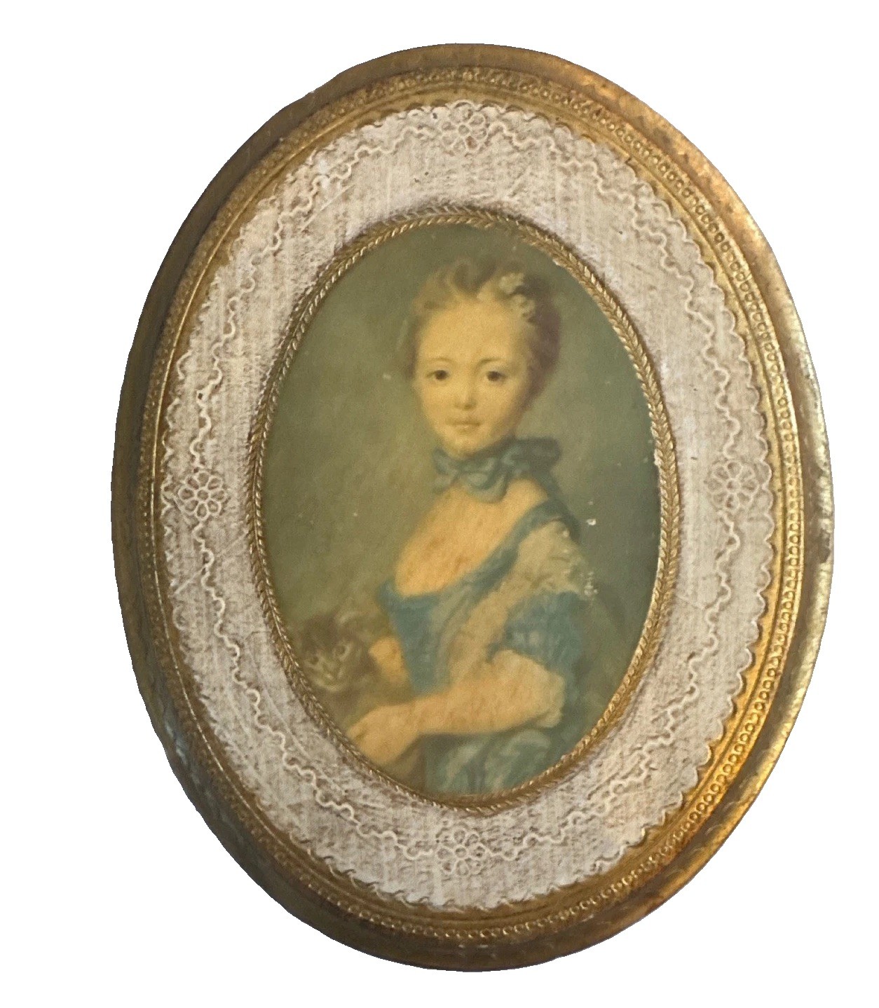 Vintage Made in Italy Oval Portrait Plaque Girl with Cat Gold Lace Frame 2683 13