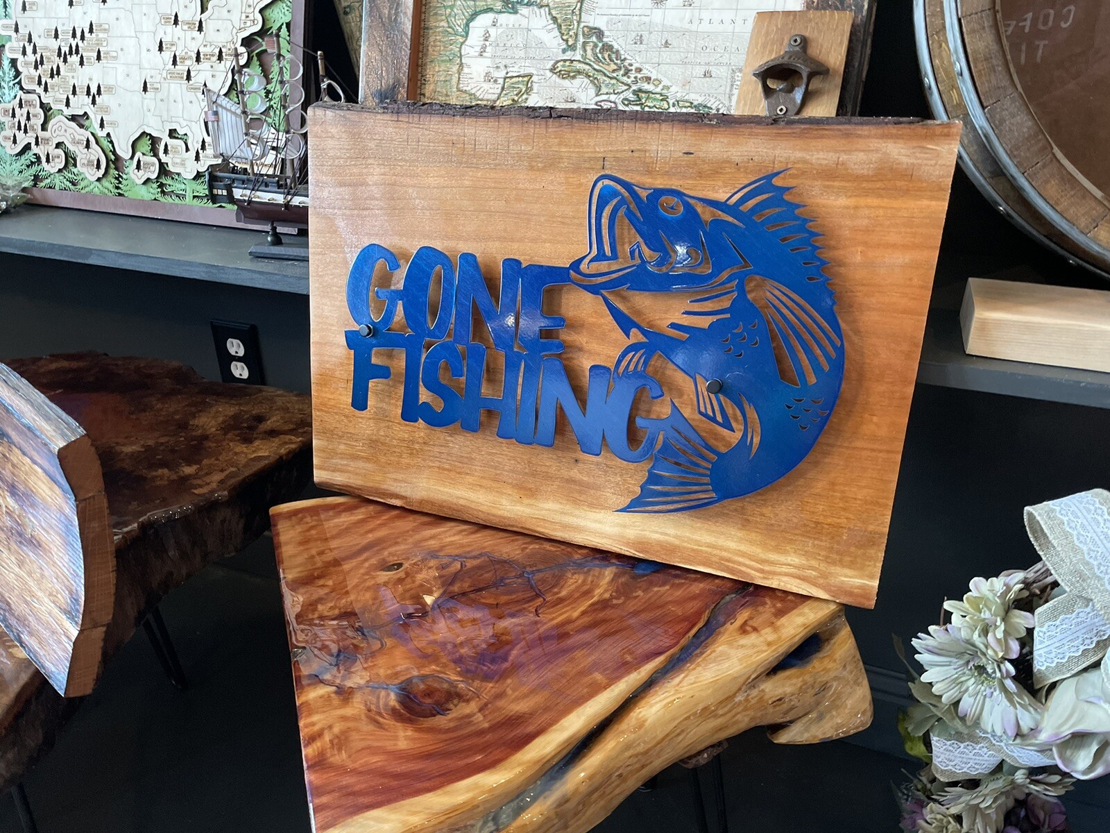 Gone Fishing Raised Mounted On Black Cherry