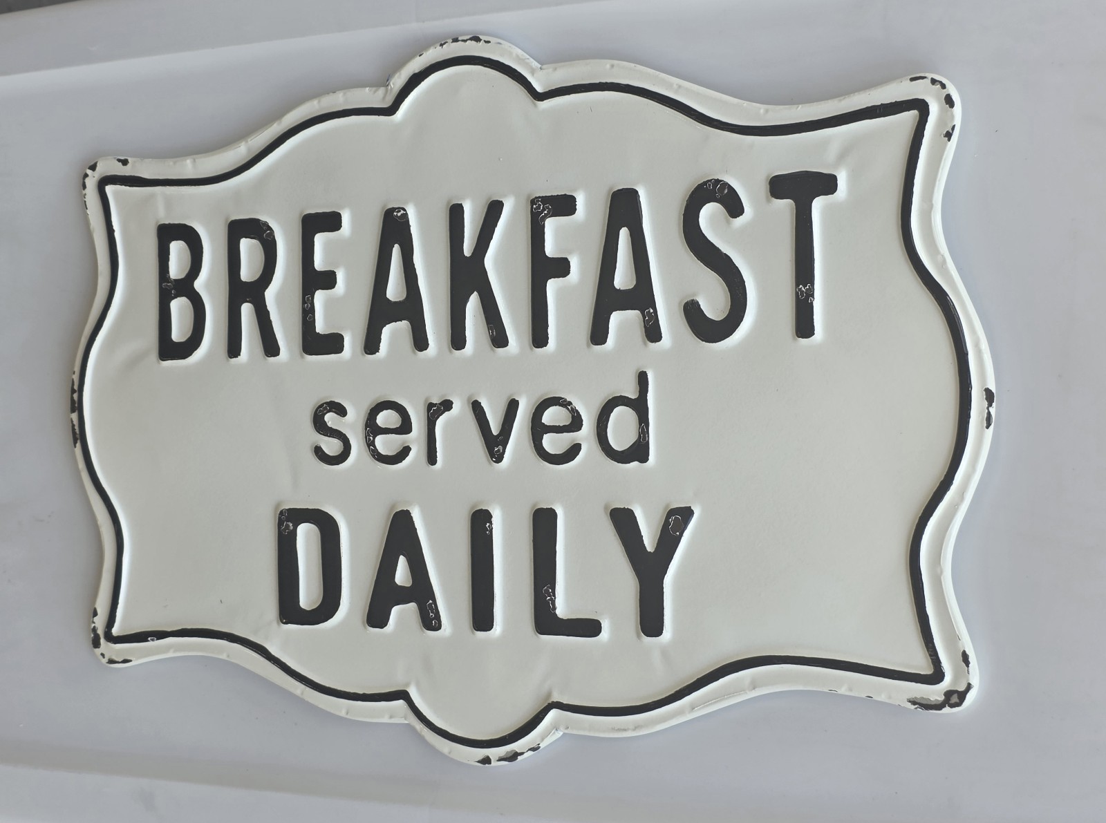 Farmhouse White Black Enamel BREAKFAST SERVED DAILY SIGN Kitchen Hanging 19″x13″
