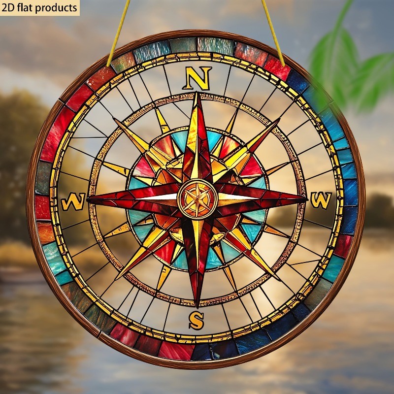 8*8in Compass Stained Glass Style Sun Catcher Home Decor