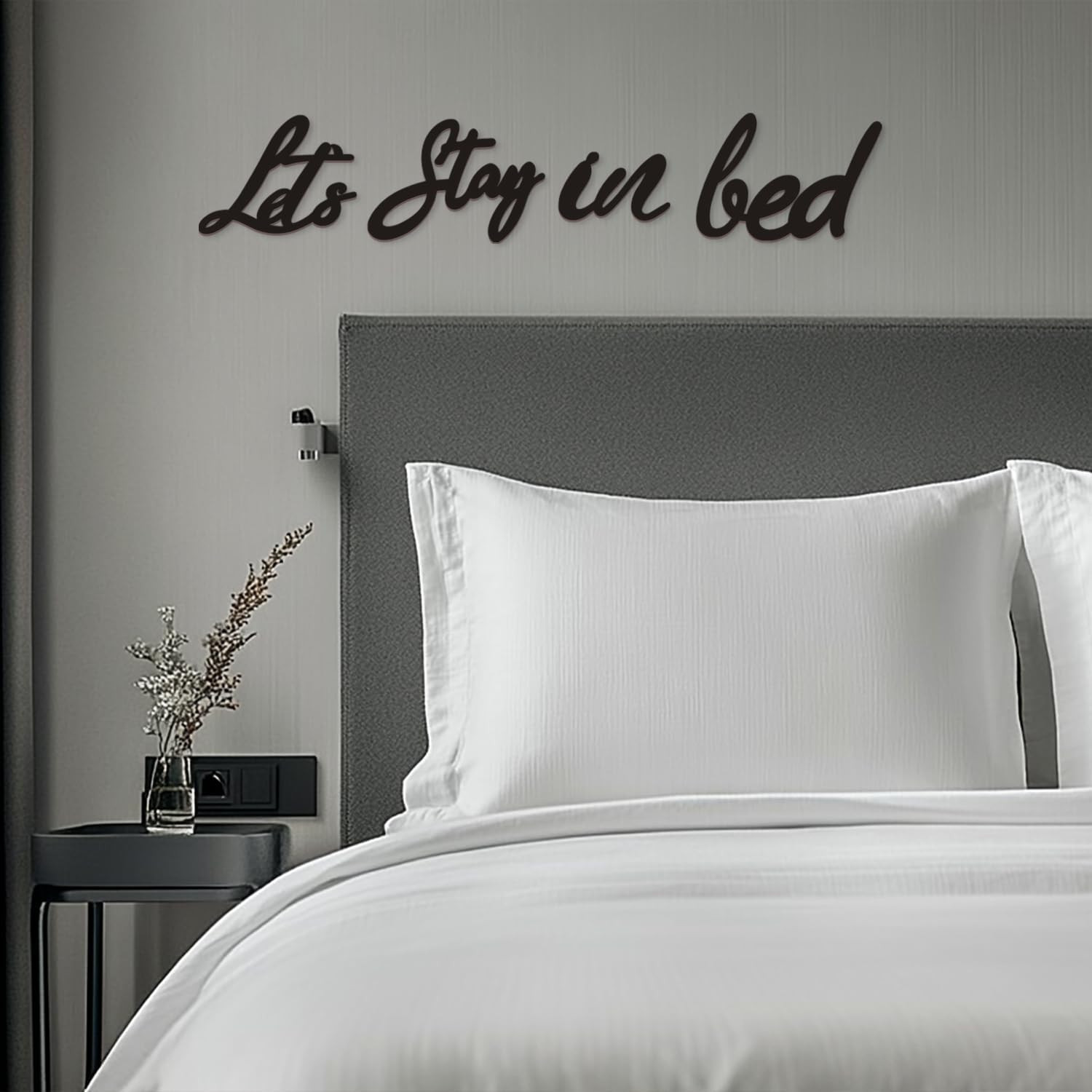 Lets Stay in Bed Wooden Sign, above Bed Wall Decor Master Bedroom Art | Cozy Gue