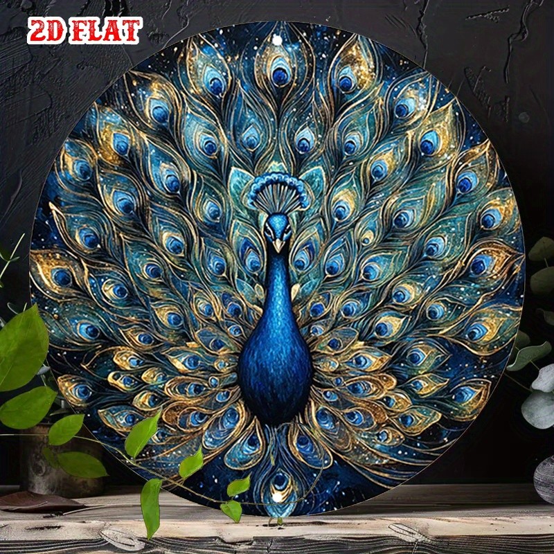 Decorative Metal Sign Luxurious Peacock with Blue and Gold Feathers Wall Art