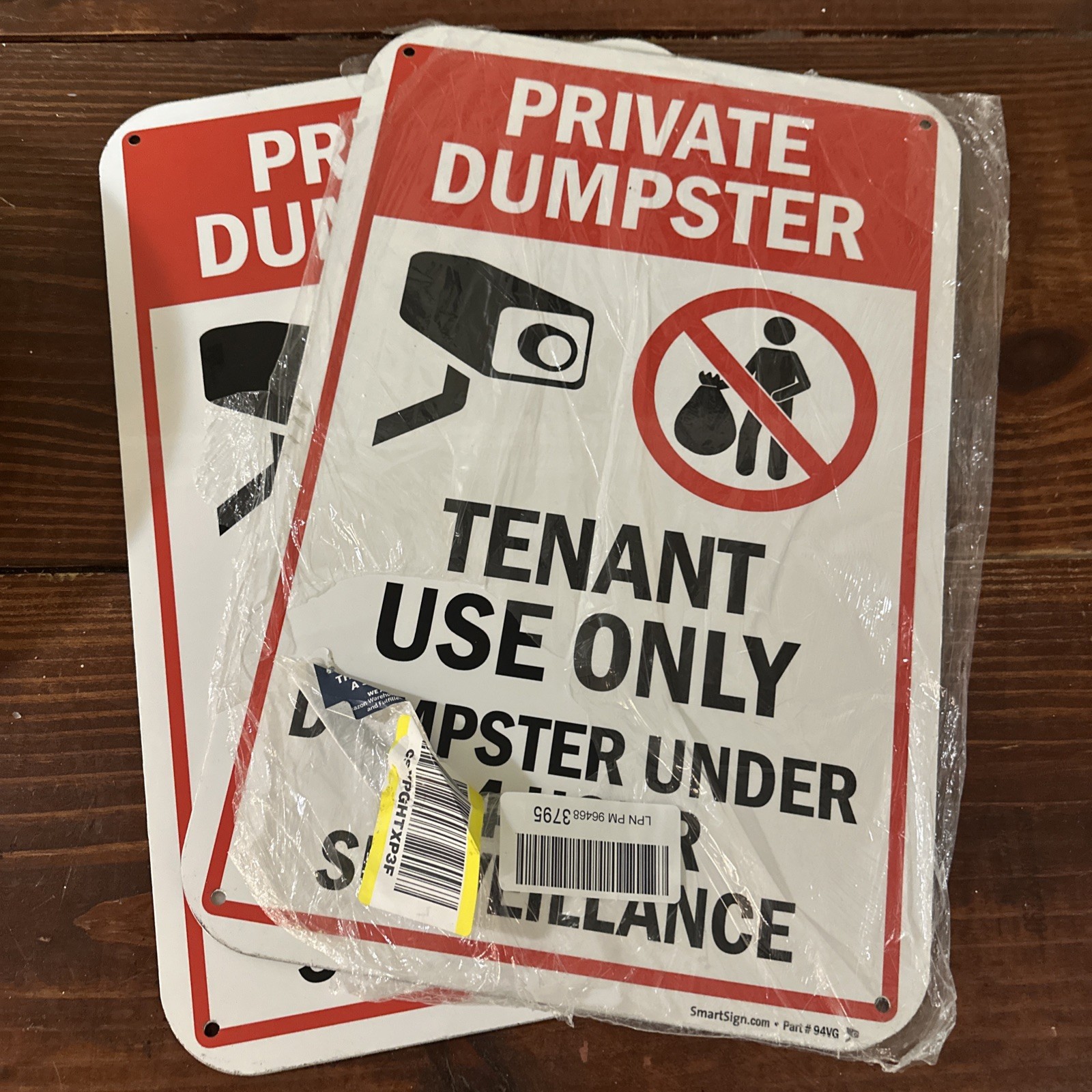 (QTY 2) SmartSign Private Dumpster Tenant Use Only Dumpster Under Surveillance