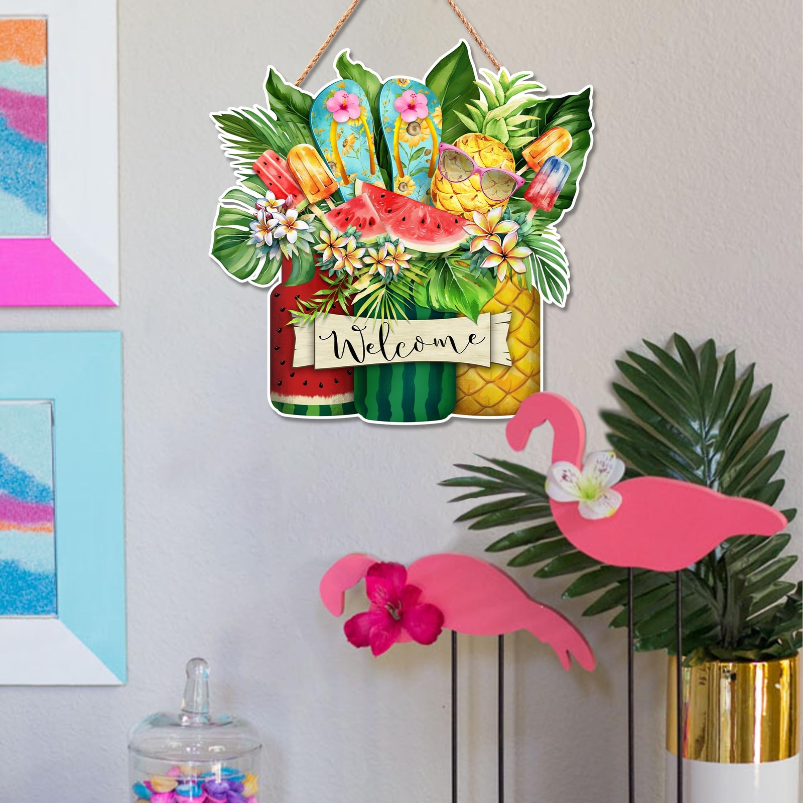 Summer Decorations Flowers Ice Cream Watermelon Wooden Door Wall Hanging Sign
