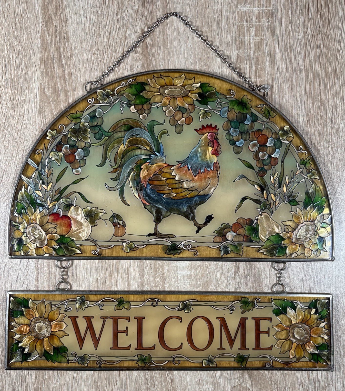 AMIA Hand Painted Rooster Welcome Stained Glass Style Hanging Wall Decor Sign