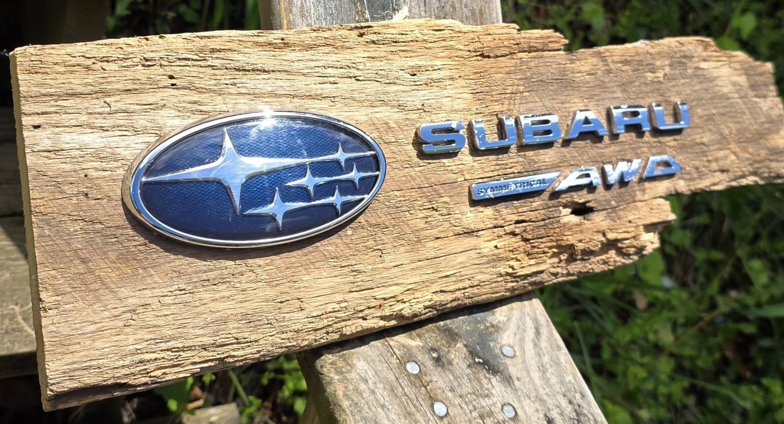 Subaru Badge Subaru Asymmetrical AWD Mounted On Oak Barnwood Sign Garage Art USA