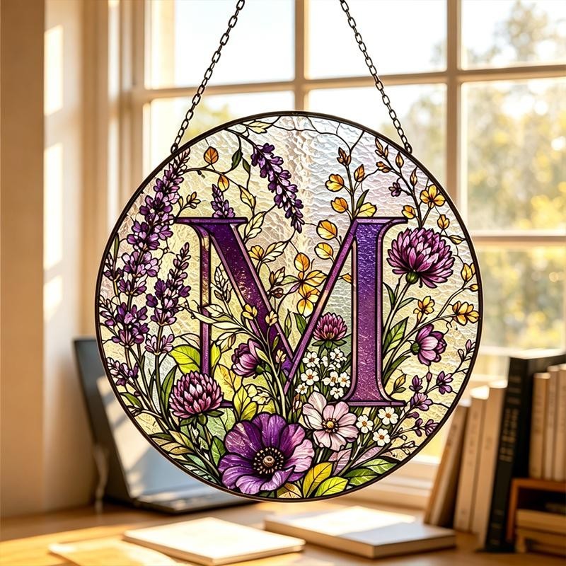 Custom Initial Suncatcher, Wildflower Wreath Window Hanging