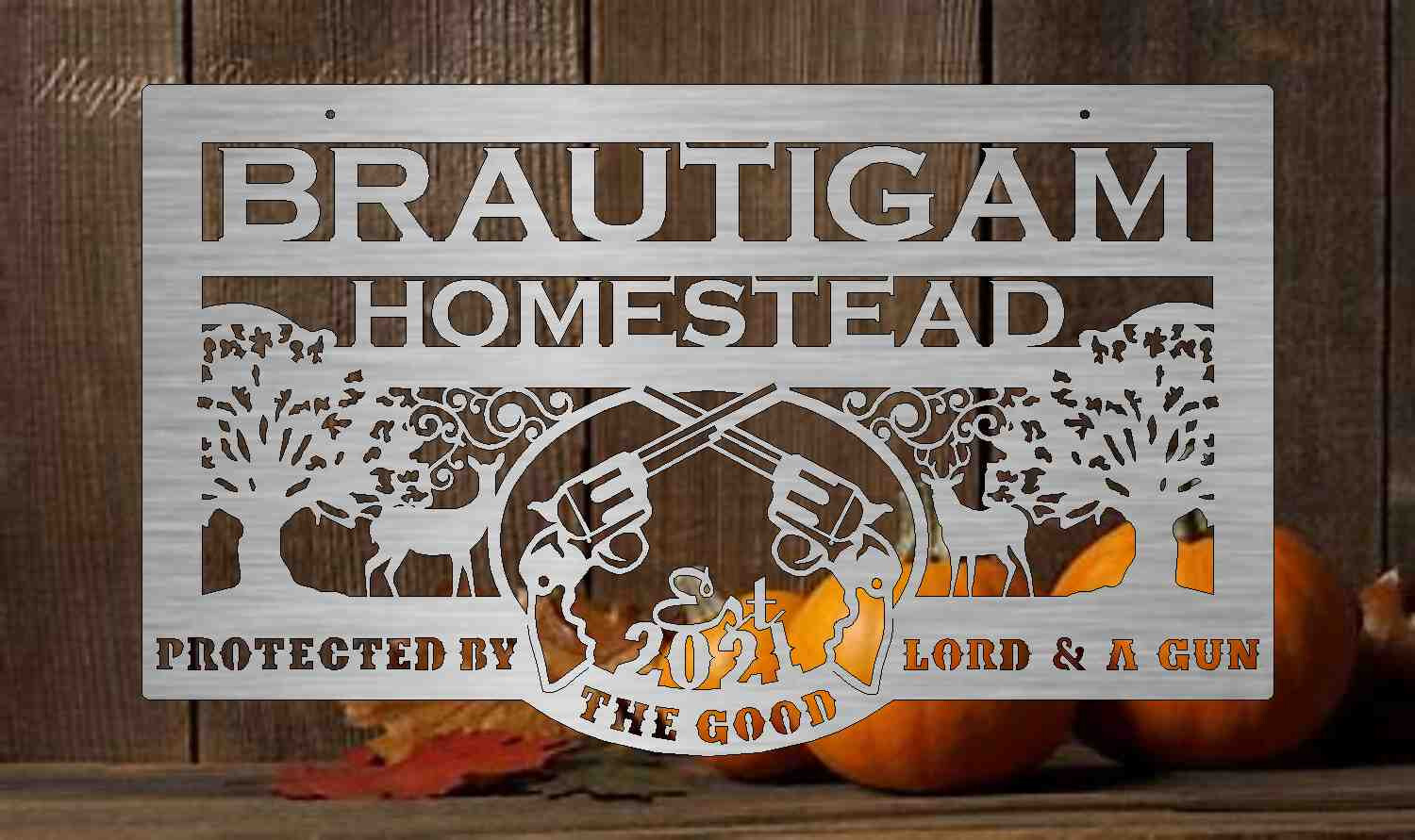 3ft Metal Sign with deer and guns customized with your name