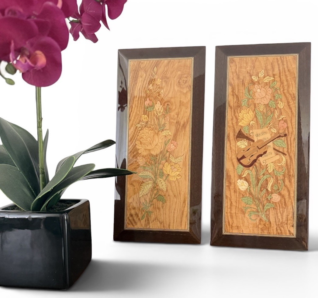 Vintage Italian Marquetry Wall Art Carved Wood Inlay Floral Violin Handcrafted