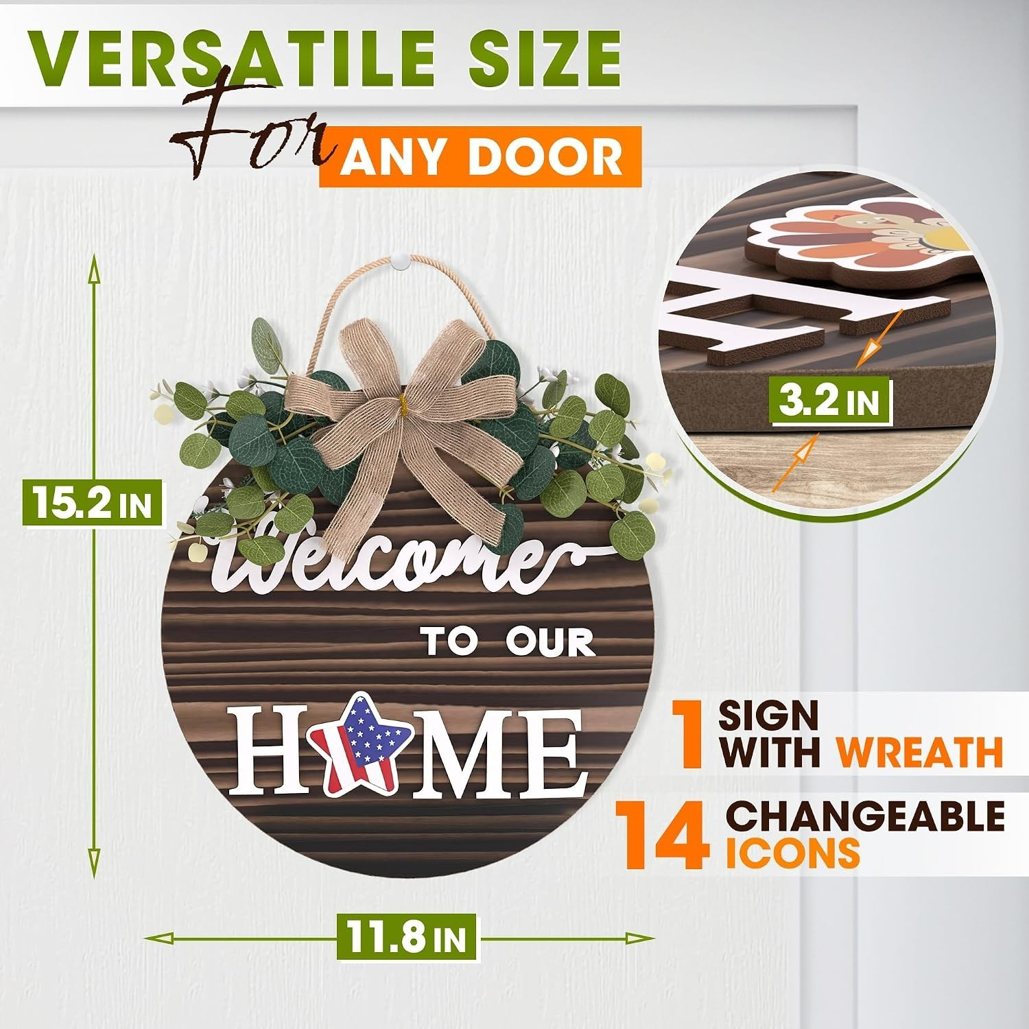Durable Welcome Sign – Rustic Fir Wood & 14 Magnetic Icons for Indoor/Outdoor