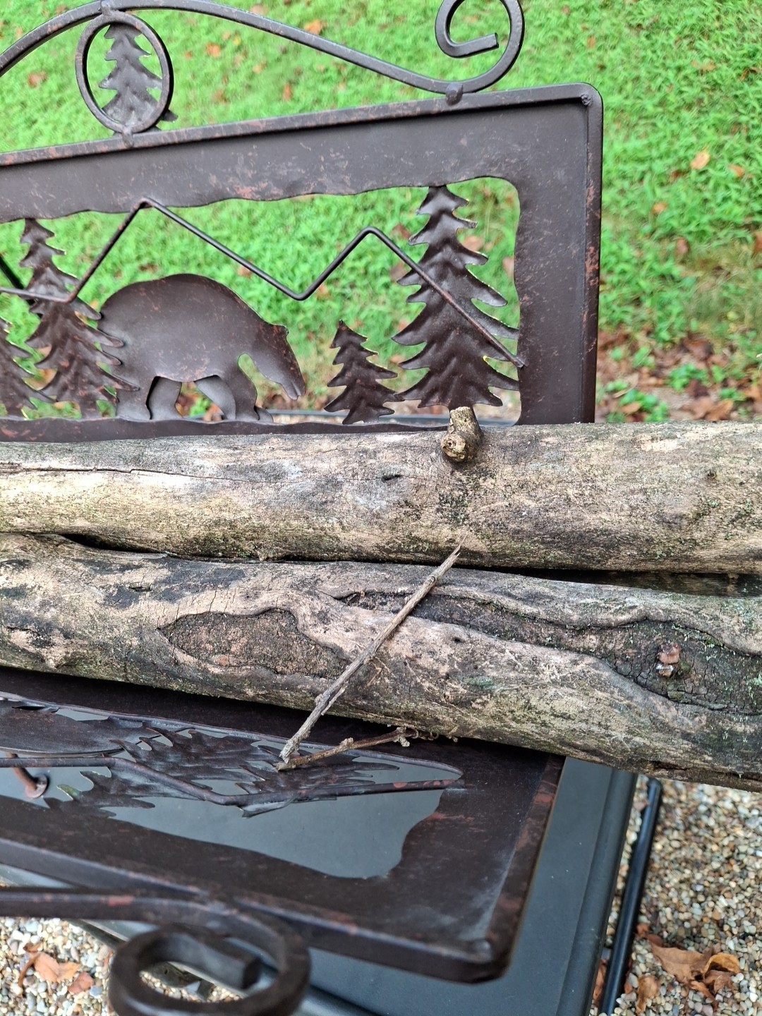 Firewood Carrier Holder Magazine Metal Silhouette Cut Out Bear Trees Cabin Woods