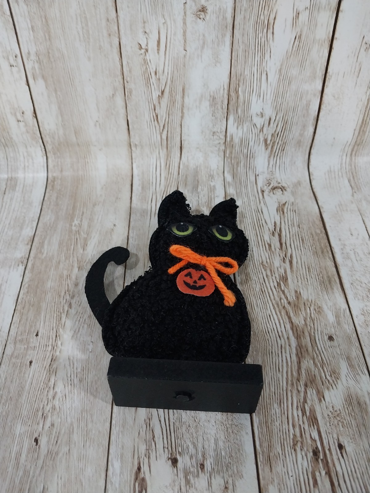 ~New! Plush Black Cat Halloween Wood Base Sign Fall Tray Table Decor Green Eyes