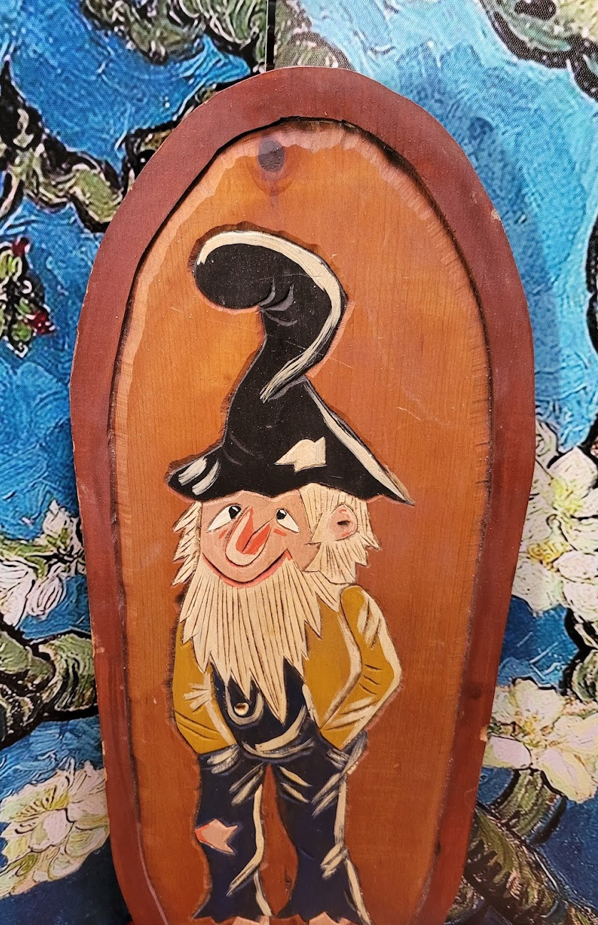 Vintage Handmade Carved Painted Country Rustic Wooden Wall Hanging Plaque Man