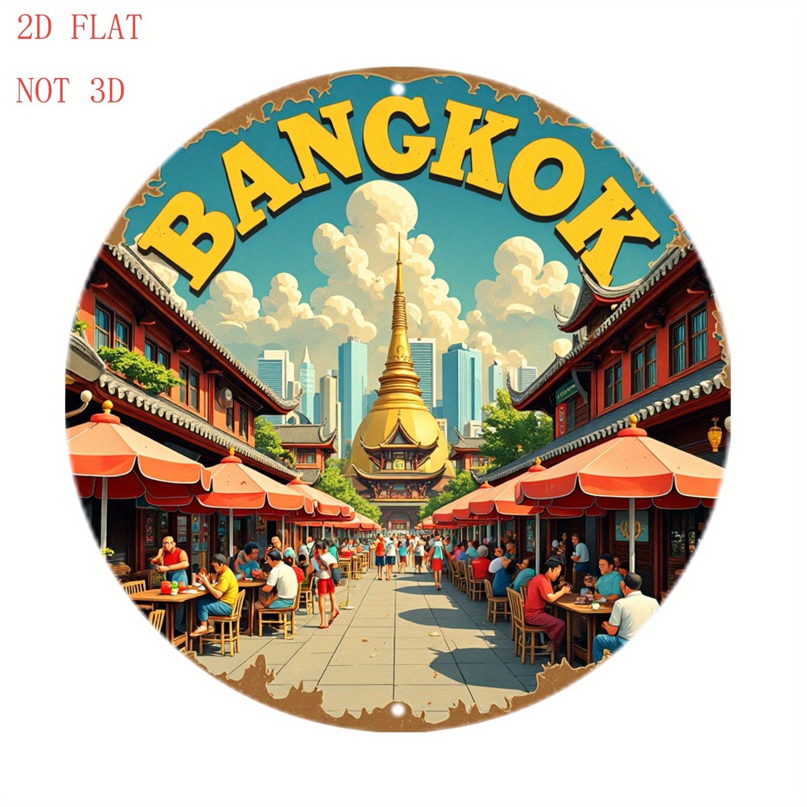 Round Aluminum Sign 8 Inch Lively Streets Bangkok Golden Funny Wall Decor