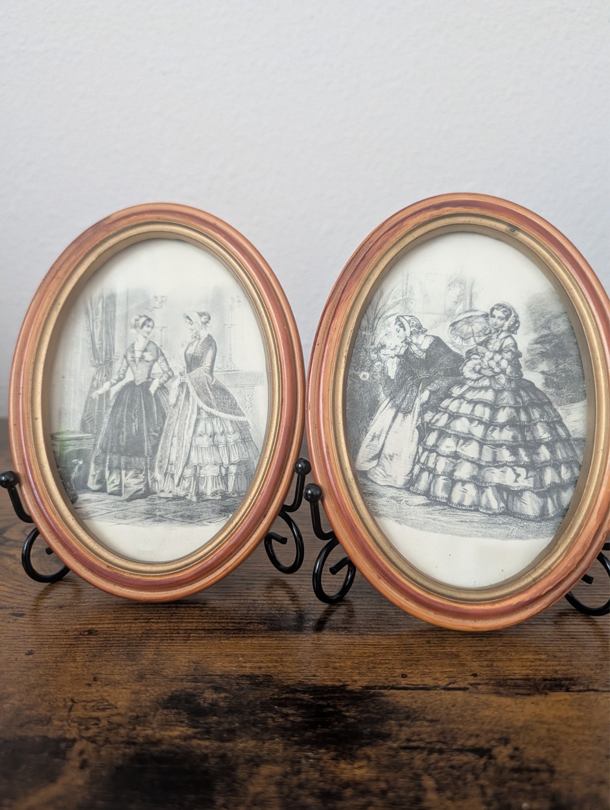 Vintage Pair Oval Framed Victorian Lady Prints Cottage Shabby Chic Decor