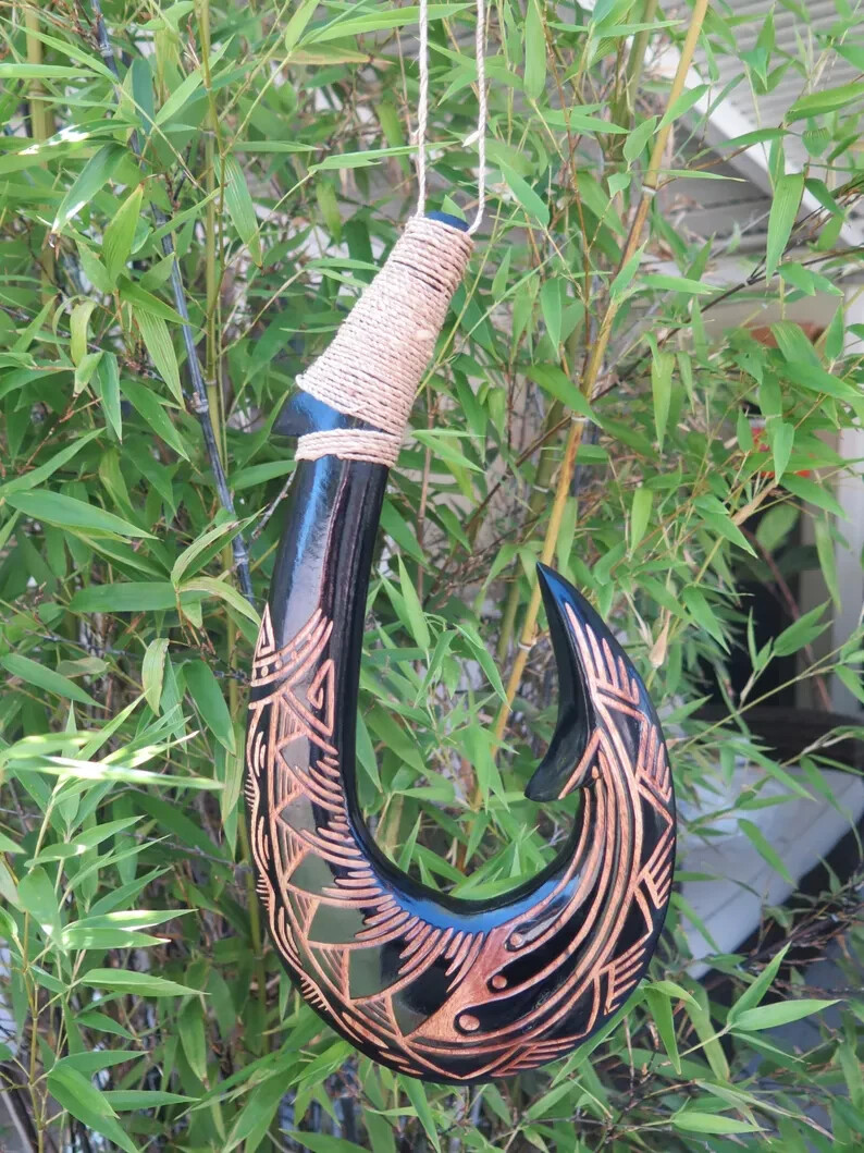 Hawaiian Hand Made Wall Decor Solid Black Wood Polynesian Tribal Fish Hook