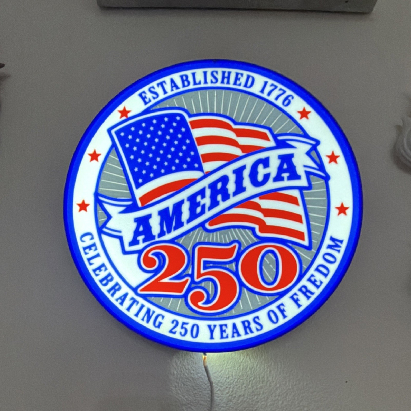 America 250 Illuminated Patriotic Wall Sign Red White Blue Plastic Flag Hanging