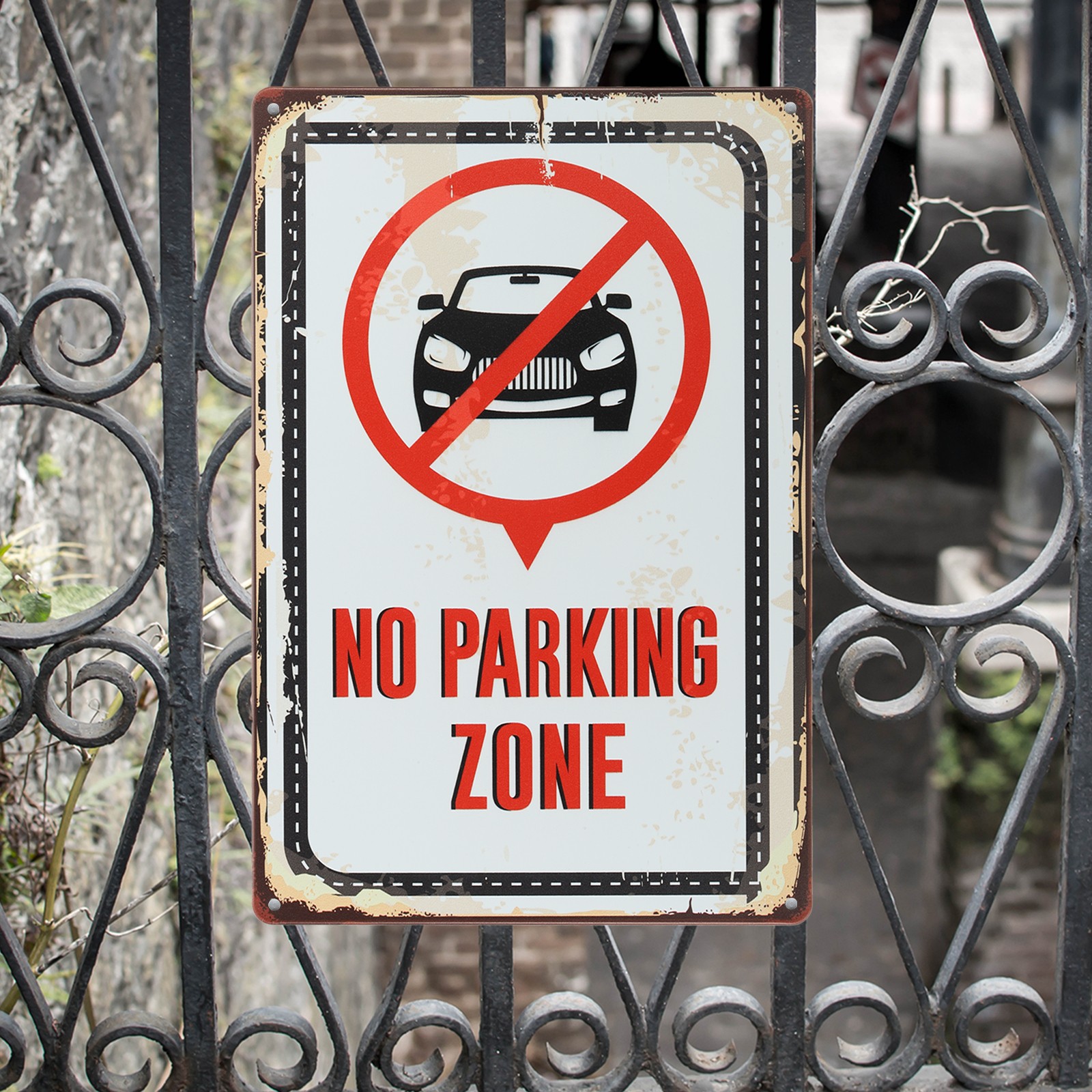 Metal Warning Sign 12″ x 8″, No Parking Zone, Retro Hanging Sign