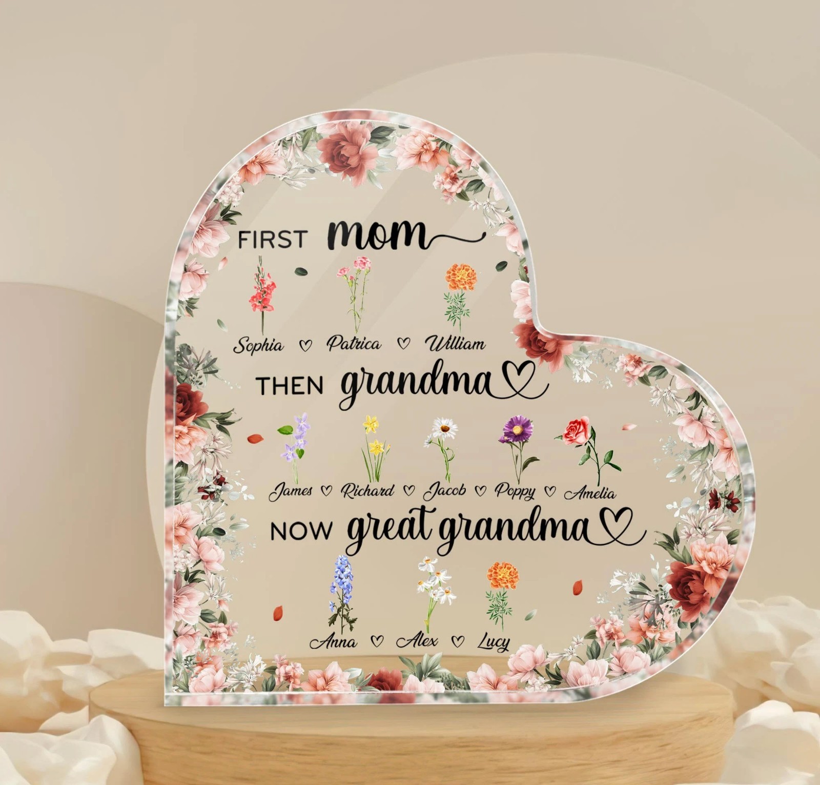 Personalized Great Grandma Birth Flower Acrylic Plaque Mom Grandma Gift Heart